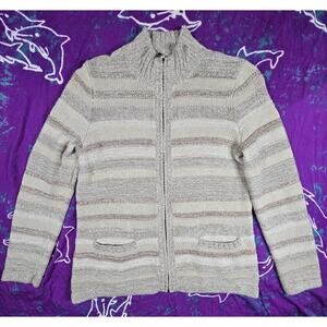 L.L Bean Womens Chunky Knit Sweater 100% Cotton Full Zip Pockets Tan Stripe M